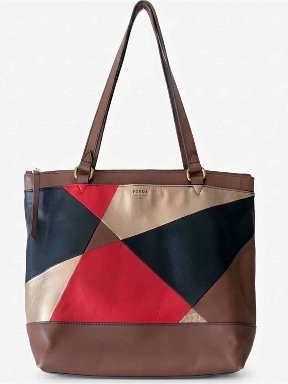 Fossil Leather Patchwork Shoulder Bag Tote Brown Black Multicolor